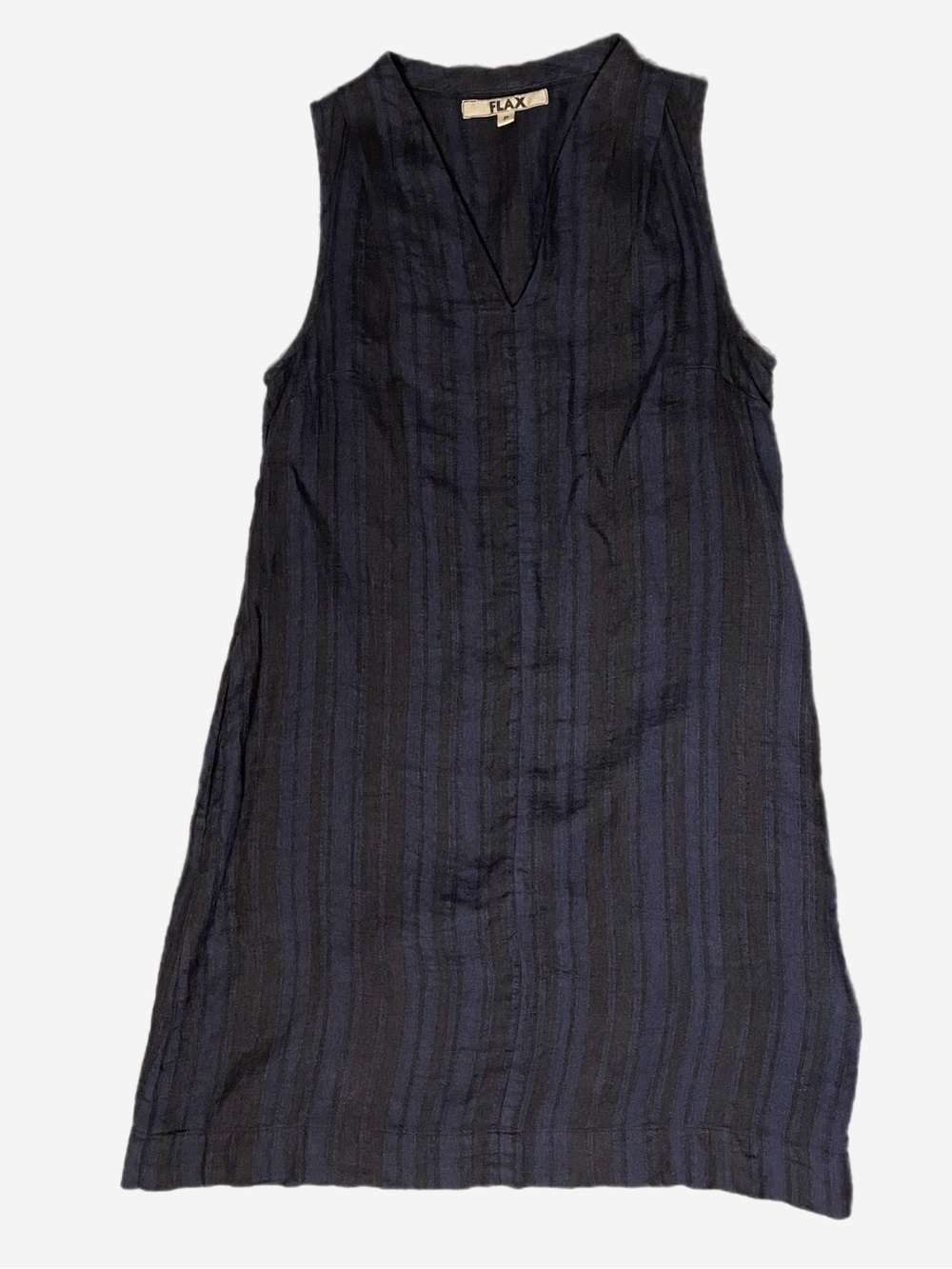 FLAX Navy black striped sleeveless v-neck shift dress linen beachy pockets XS/S - Picture 7 of 11